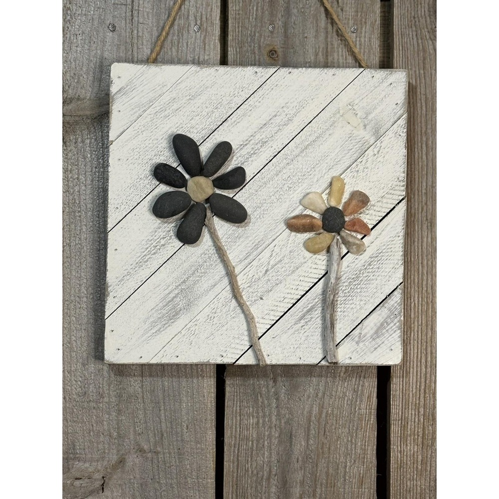 Handmade Pebble Flower Wall Art 10x10 Rustic Farmhouse Cottage Decor